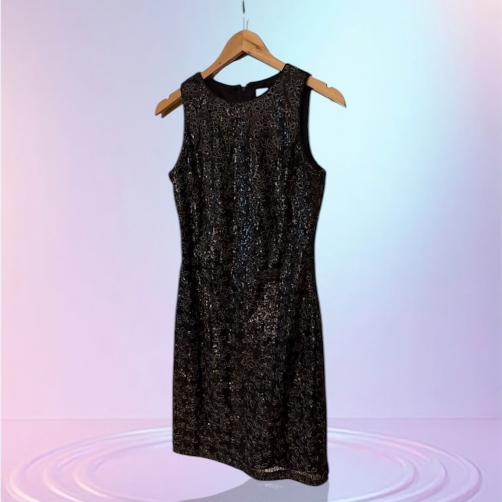 Belle Badgley Mischka Black Sequin Sheath Dress Formal Wedding